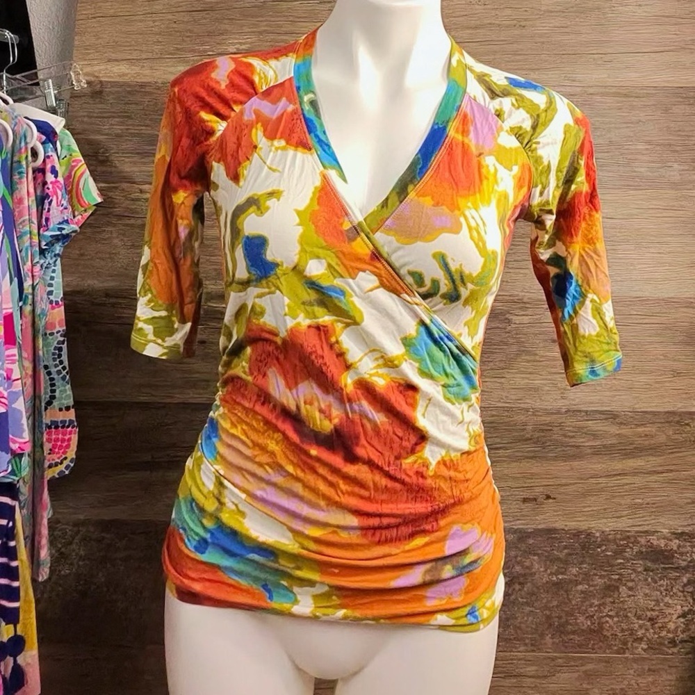 CAbi Vibrant Floral Wrap Blouse